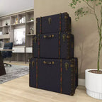 Set of 3 Traditional Wood Trunks Blue - Olivia & May: Upholstered, Linen, Leather, Brass Finishes, No Assembly Required