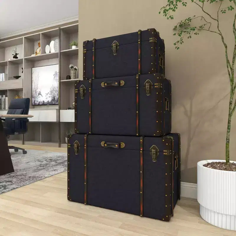 Set of 3 Traditional Wood Trunks Blue - Olivia & May: Upholstered, Linen, Leather, Brass Finishes, No Assembly Required
