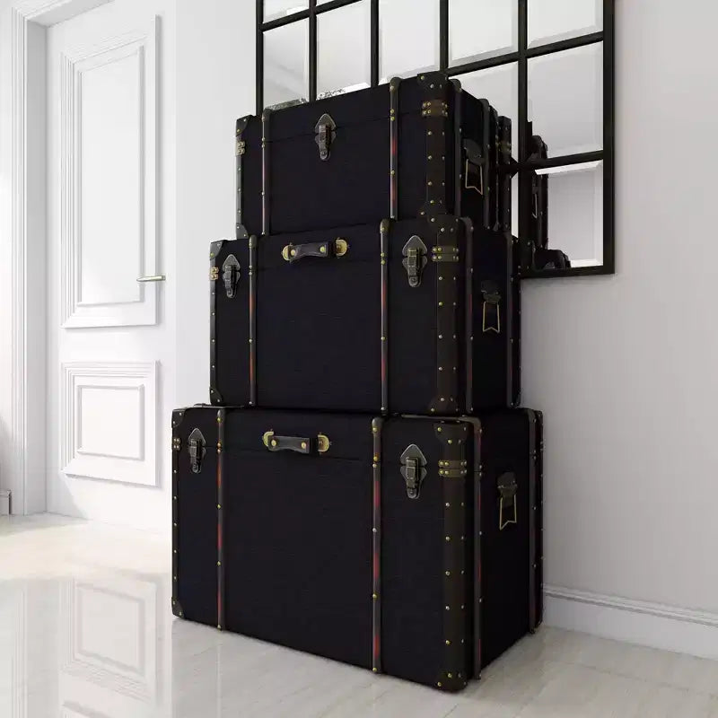 Set of 3 Traditional Wood Trunks Blue - Olivia & May: Upholstered, Linen, Leather, Brass Finishes, No Assembly Required