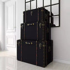 Set of 3 Traditional Wood Trunks Blue - Olivia & May: Upholstered, Linen, Leather, Brass Finishes, No Assembly Required