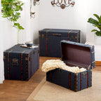 Set of 3 Traditional Wood Trunks Blue - Olivia & May: Upholstered, Linen, Leather, Brass Finishes, No Assembly Required