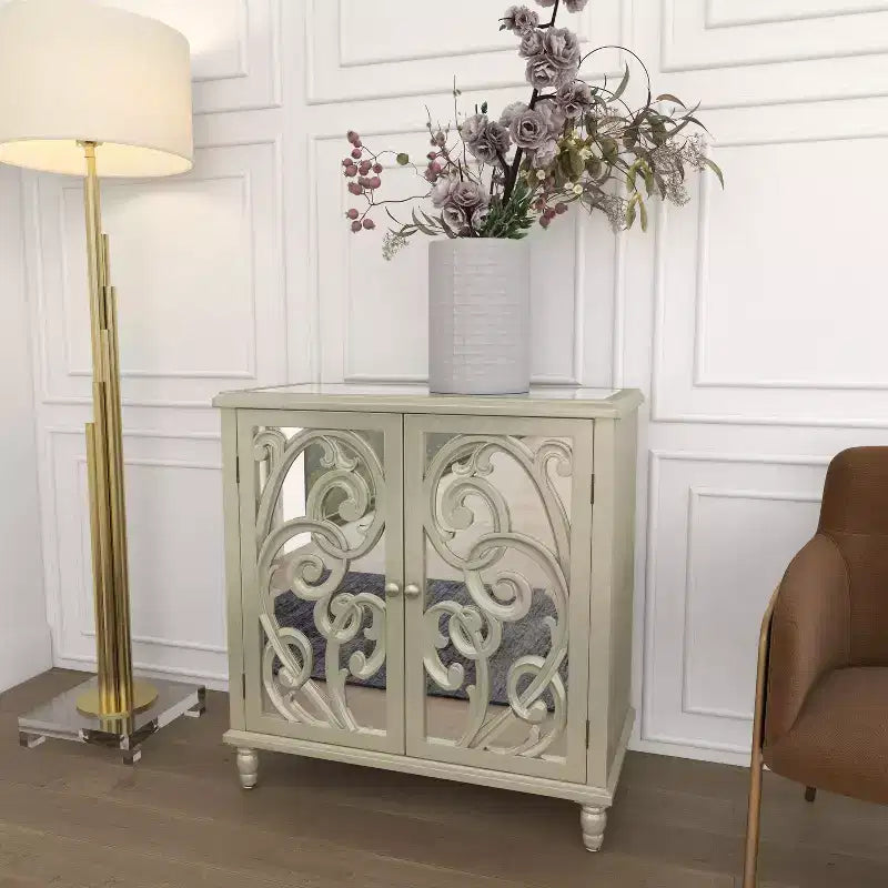 Credenza Glam in Legno Specchiato e Fantasia Beige - Olivia & May