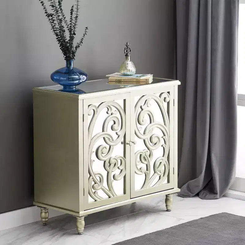 Credenza Glam in Legno Specchiato e Fantasia Beige - Olivia & May