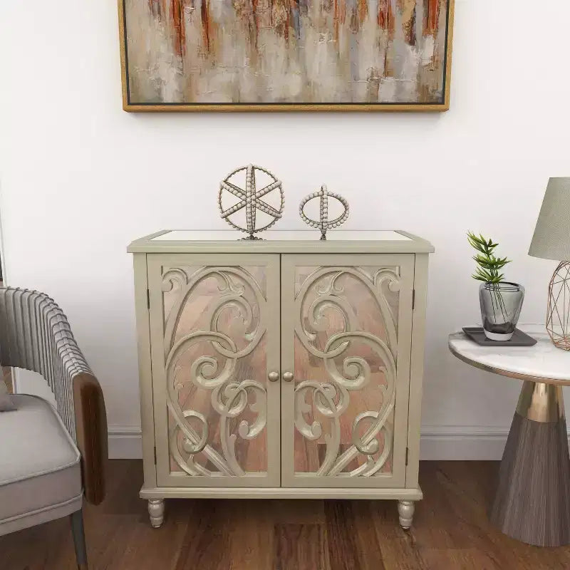 Credenza Glam in Legno Specchiato e Fantasia Beige - Olivia & May