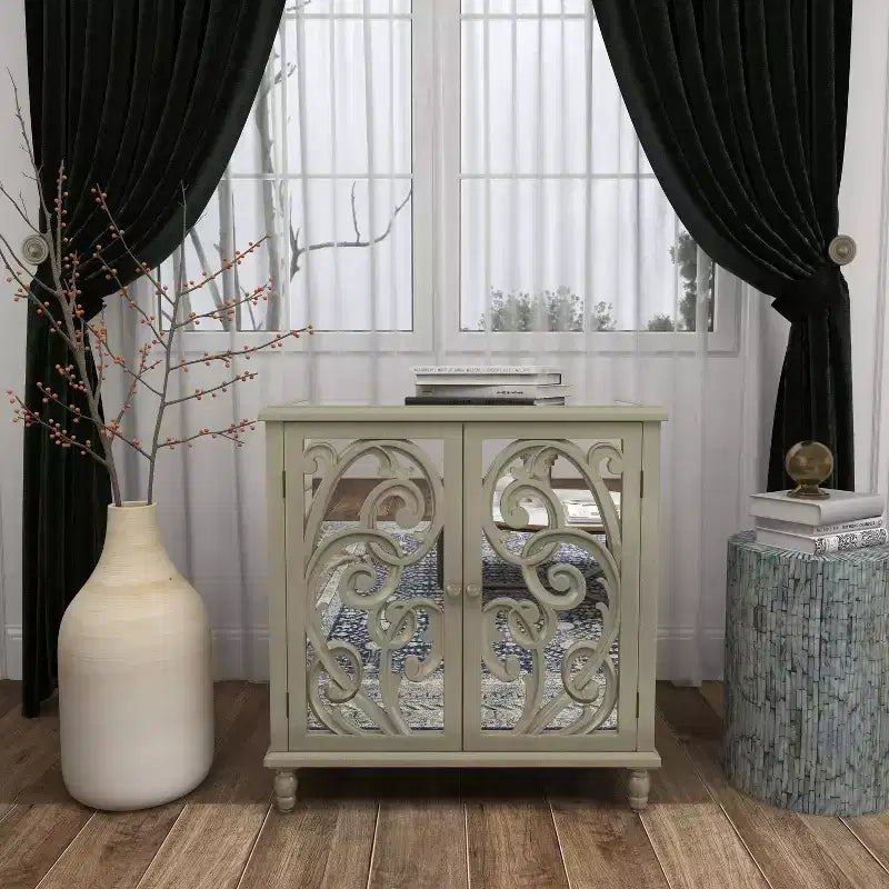 Credenza Glam in Legno Specchiato e Fantasia Beige - Olivia & May