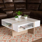 Rasa Wood Coffee Table White/Oak - Baxton Studio: Modern Living Room Furniture, Geometric Design, Open Storage Shelves