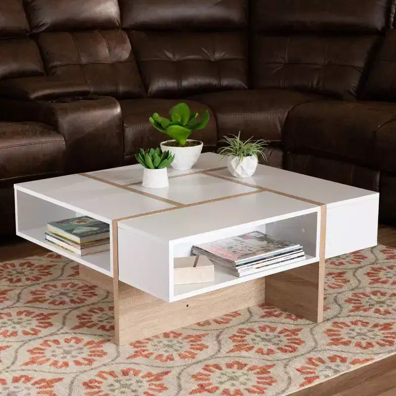 Rasa Wood Coffee Table White/Oak - Baxton Studio: Modern Living Room Furniture, Geometric Design, Open Storage Shelves