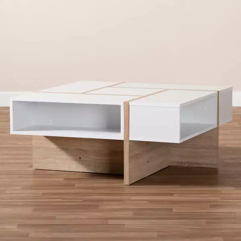 Rasa Wood Coffee Table White/Oak - Baxton Studio: Modern Living Room Furniture, Geometric Design, Open Storage Shelves