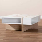 Rasa Wood Coffee Table White/Oak - Baxton Studio: Modern Living Room Furniture, Geometric Design, Open Storage Shelves