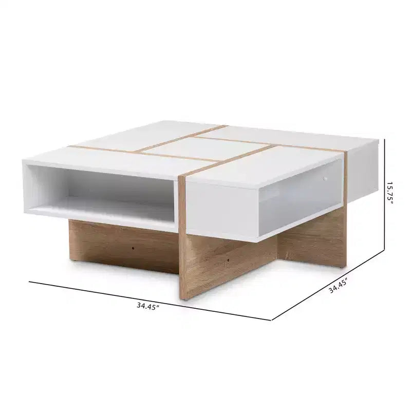 Rasa Wood Coffee Table White/Oak - Baxton Studio: Modern Living Room Furniture, Geometric Design, Open Storage Shelves