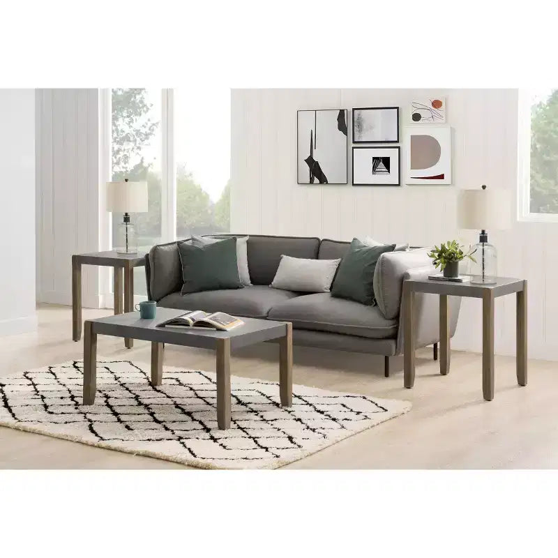 Tavolino da caffè Davenport 36" in finto cemento e legno con 2 tavolini quadrati, color ambra chiaro - Alaterre Furniture: set rustico industriale da 3 pezzi