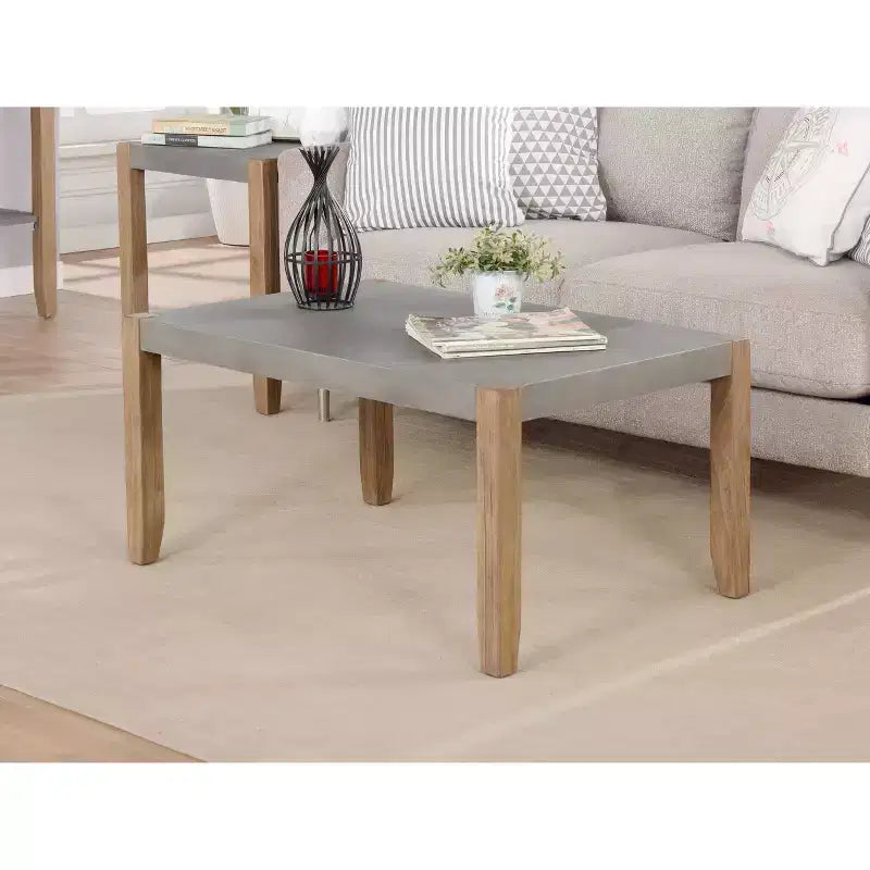 Tavolino da caffè Davenport 36" in finto cemento e legno con 2 tavolini quadrati, color ambra chiaro - Alaterre Furniture: set rustico industriale da 3 pezzi