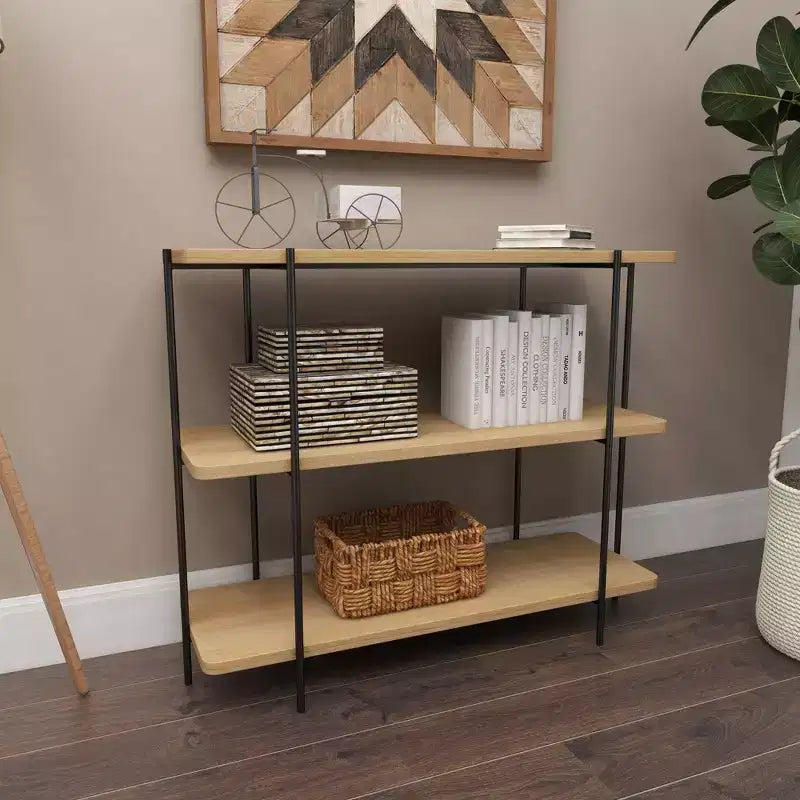 Contemporary Metal Console Table - Olivia & May: Fixed Shelf, Wood Top, No Assembly Required