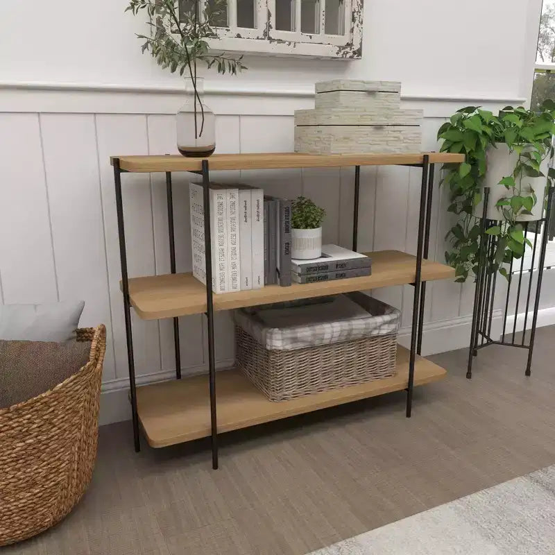 Contemporary Metal Console Table - Olivia & May: Fixed Shelf, Wood Top, No Assembly Required
