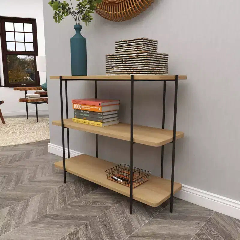 Contemporary Metal Console Table - Olivia & May: Fixed Shelf, Wood Top, No Assembly Required