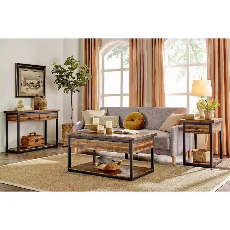 Claremont Rustic Wood Coffee Table with Low Shelf Dark Brown - Alaterre Furniture: Acacia Top, Steel Hardware, Storage Shelf