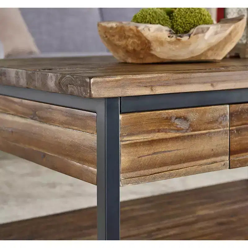 Claremont Rustic Wood Coffee Table with Low Shelf Dark Brown - Alaterre Furniture: Acacia Top, Steel Hardware, Storage Shelf