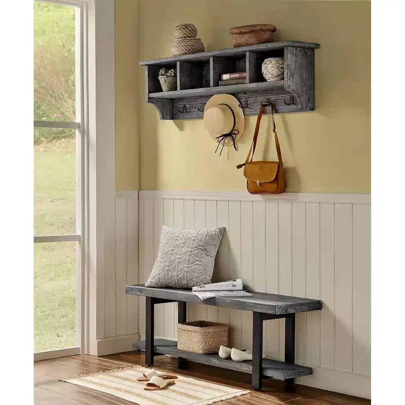 48" Pomona Metal and Wood Entryway Coat Hook with Storage Cubbies Slate Gray - Alaterre Furniture