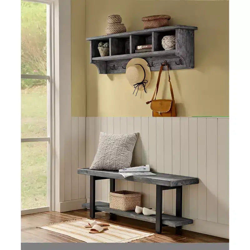 48" Pomona Metal and Wood Entryway Coat Hook with Storage Cubbies Slate Gray - Alaterre Furniture
