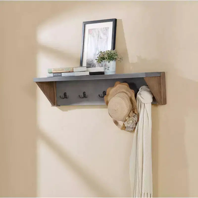 Alaterre Furniture 40" Davenport Coat Hook with Shelf Light Amber: Modern Tiered Wall Mounted Rack, 5 Hooks, Wood Frame