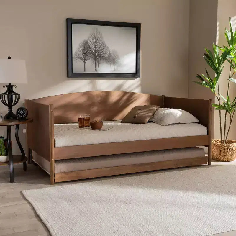 Divano letto singolo Veles con letto estraibile color noce frassino - Baxton Studio: Design di metà secolo, struttura in legno di gomma