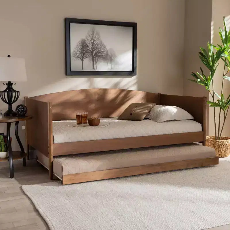 Divano letto singolo Veles con letto estraibile color noce frassino - Baxton Studio: Design di metà secolo, struttura in legno di gomma