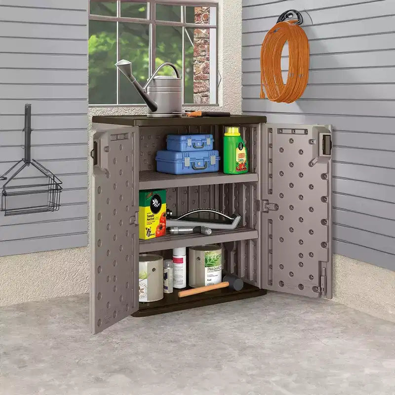 Suncast 9 Cu Ft Base Storage Cabinet with Shelves, Platinum Metallic/Slate