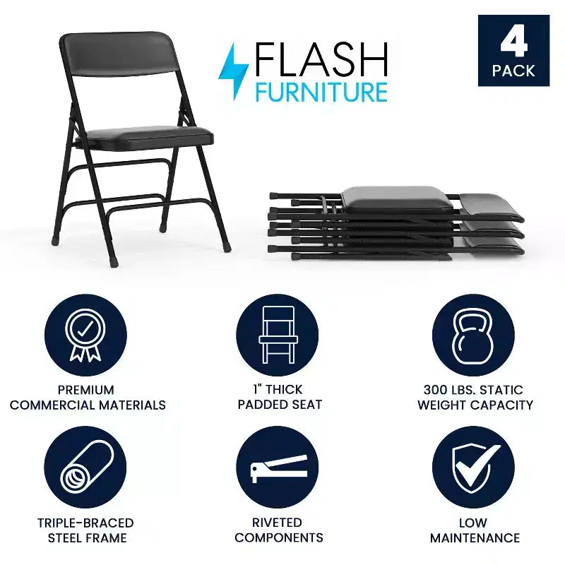 Flash Furniture 4 Pack HERCULES Series Curved Triple Braced & Double Hinged Upholstered Metal Folding Chair