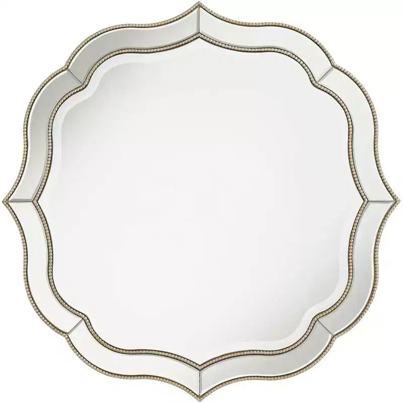 Noble Park Laureen Scalloped Round Vanity Wall Mirror Modern Beveled Glass Champagne Gold Beaded Frame 32 Wide for Bathroom Living Room Home Entryway