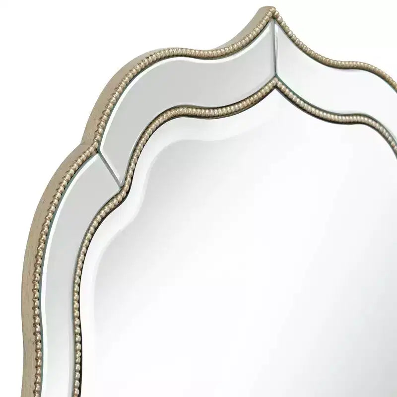 Noble Park Laureen Scalloped Round Vanity Wall Mirror Modern Beveled Glass Champagne Gold Beaded Frame 32 Wide for Bathroom Living Room Home Entryway