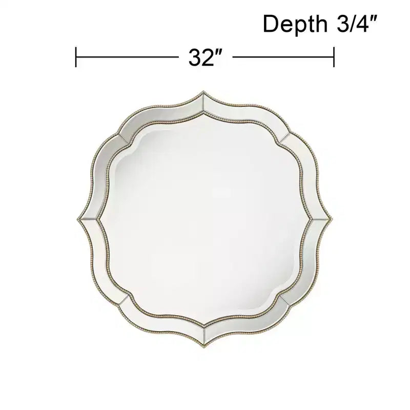 Noble Park Laureen Scalloped Round Vanity Wall Mirror Modern Beveled Glass Champagne Gold Beaded Frame 32 Wide for Bathroom Living Room Home Entryway