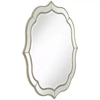 Noble Park Laureen Scalloped Round Vanity Wall Mirror Modern Beveled Glass Champagne Gold Beaded Frame 32 Wide for Bathroom Living Room Home Entryway