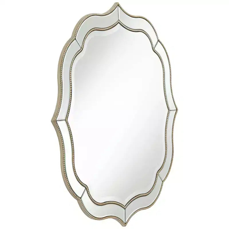 Noble Park Laureen Scalloped Round Vanity Wall Mirror Modern Beveled Glass Champagne Gold Beaded Frame 32 Wide for Bathroom Living Room Home Entryway