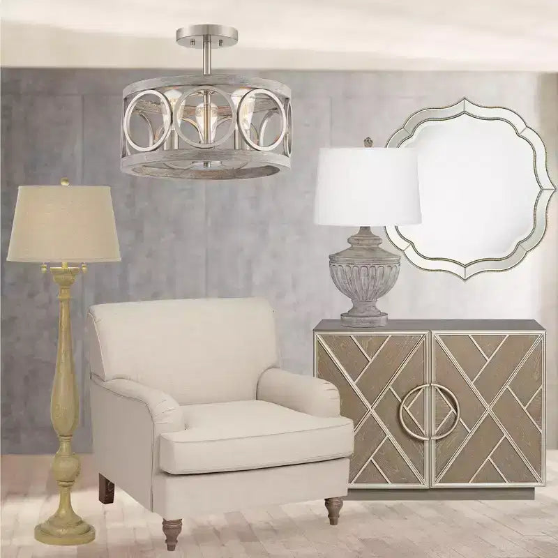 Noble Park Laureen Scalloped Round Vanity Wall Mirror Modern Beveled Glass Champagne Gold Beaded Frame 32 Wide for Bathroom Living Room Home Entryway