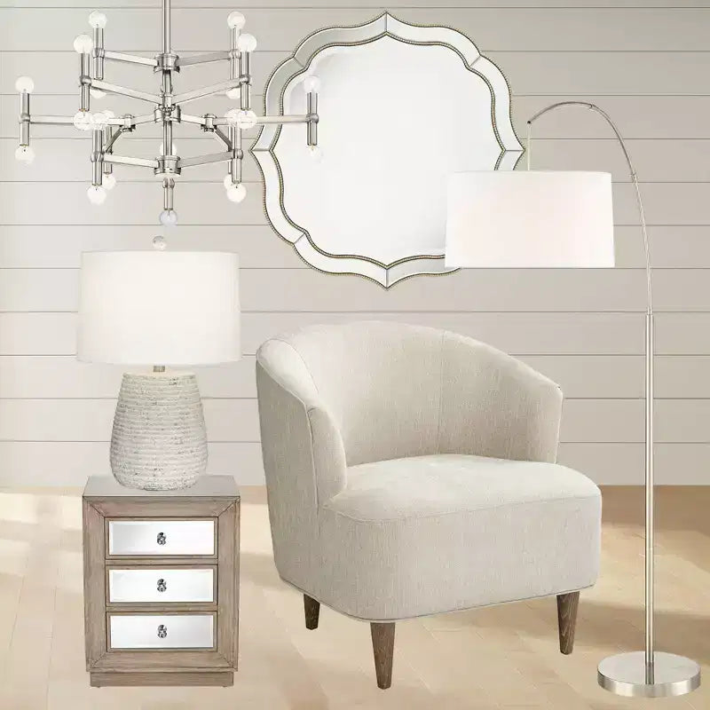 Noble Park Laureen Scalloped Round Vanity Wall Mirror Modern Beveled Glass Champagne Gold Beaded Frame 32 Wide for Bathroom Living Room Home Entryway