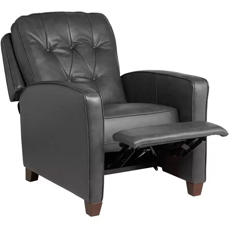 Elm Lane Livorno Gray Genuine Leather Recliner Chair Modern Armchair Comfortable Push Manual Reclining Footrest Tufted for Bedroom Living Room Reading