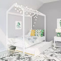Max & Lily Twin Size Solid Wood House Bed Frame with Storage Trundle and Roof for Kids Bedroom