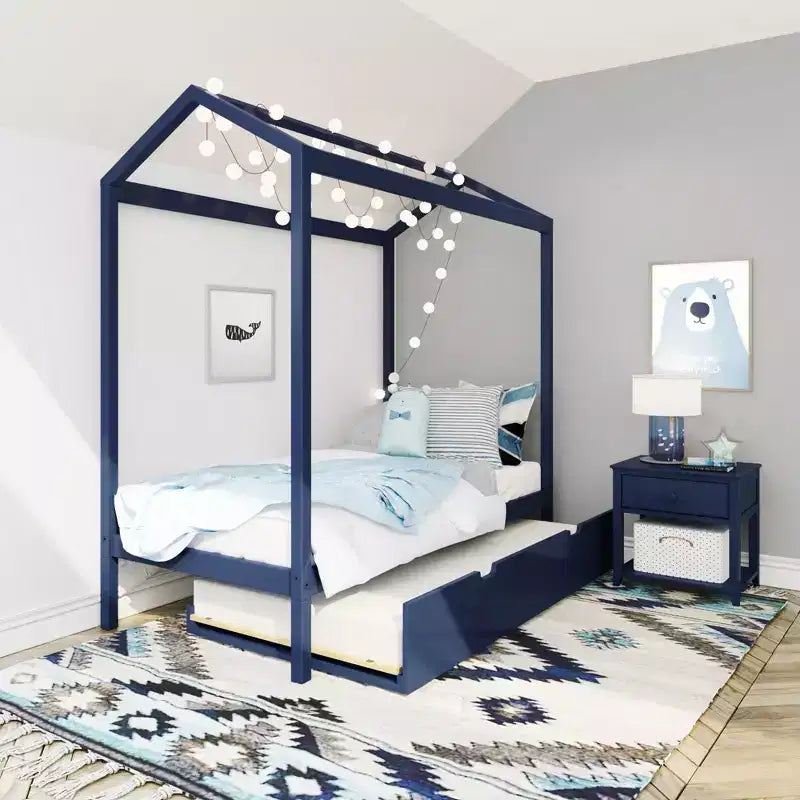 Max & Lily Letto a Capanna Singolo in Legno Massello con Ruote Contenitore e Tetto per la Cameretta dei Bambini