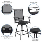 Flash Furniture Valerie Patio Bar Height Stools Set of 2, All-Weather Textilene Swivel Patio Stools and Deck Chairs with High Back & Armrests