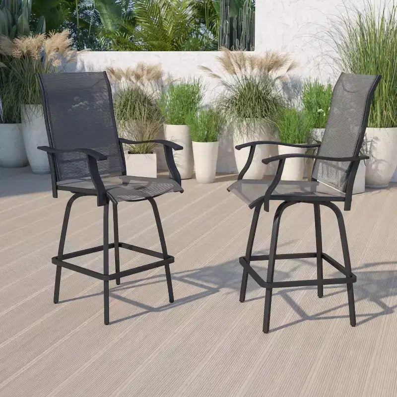 Flash Furniture Valerie Patio Bar Height Stools Set of 2, All-Weather Textilene Swivel Patio Stools and Deck Chairs with High Back & Armrests