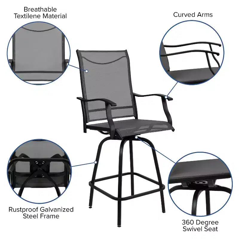 Flash Furniture Valerie Patio Bar Height Stools Set of 2, All-Weather Textilene Swivel Patio Stools and Deck Chairs with High Back & Armrests