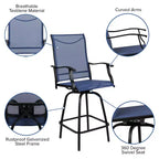 Flash Furniture Valerie Patio Bar Height Stools Set of 2, All-Weather Textilene Swivel Patio Stools and Deck Chairs with High Back & Armrests