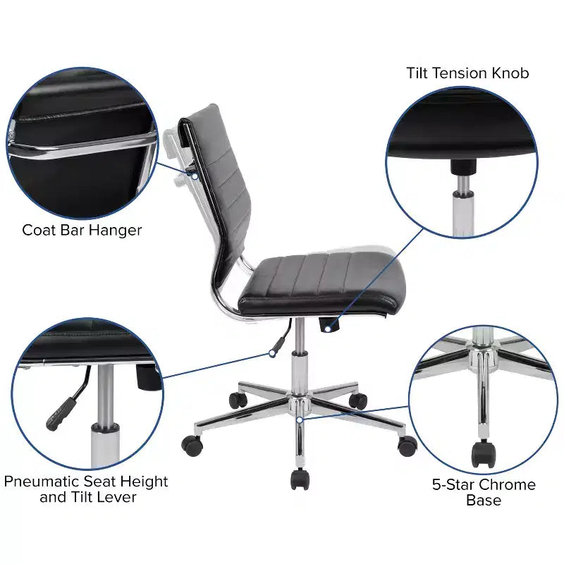 Flash Furniture Mid-Back Armless LeatherSoft Contemporary Ribbed Executive Swivel Office Chair