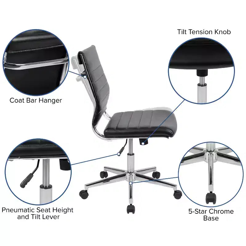 Flash Furniture Mid-Back Armless LeatherSoft Contemporary Ribbed Executive Swivel Office Chair