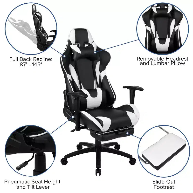 Flash Furniture Sedia da Gaming X30, sedia da ufficio ergonomica da corsa per computer con schienale completamente reclinabile e poggiapiedi estraibile in pelle sintetica rossa