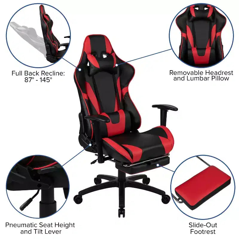 Flash Furniture Sedia da Gaming X30, sedia da ufficio ergonomica da corsa per computer con schienale completamente reclinabile e poggiapiedi estraibile in pelle sintetica rossa