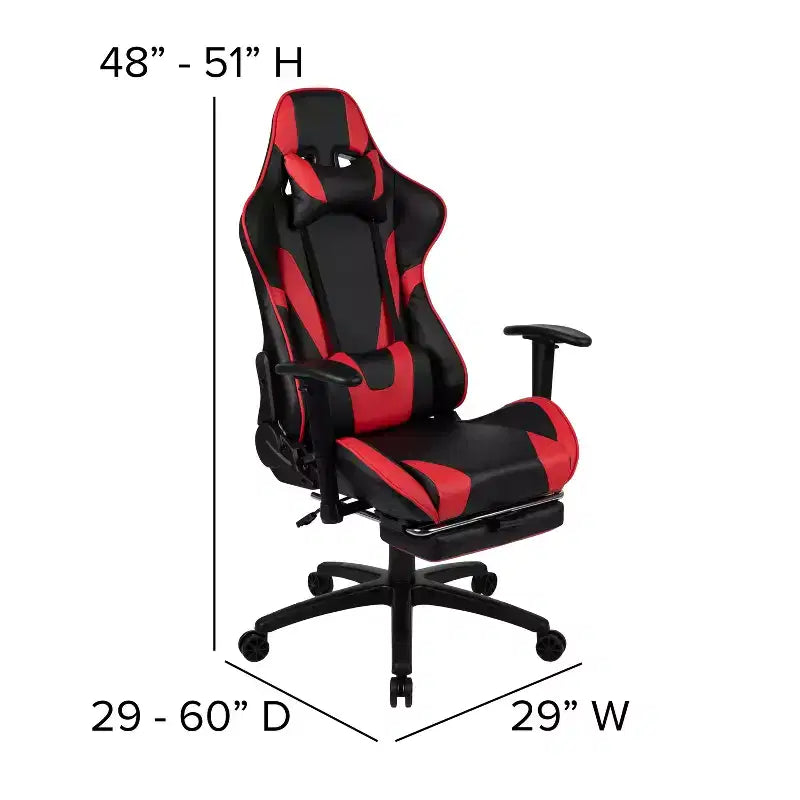 Flash Furniture Sedia da Gaming X30, sedia da ufficio ergonomica da corsa per computer con schienale completamente reclinabile e poggiapiedi estraibile in pelle sintetica rossa
