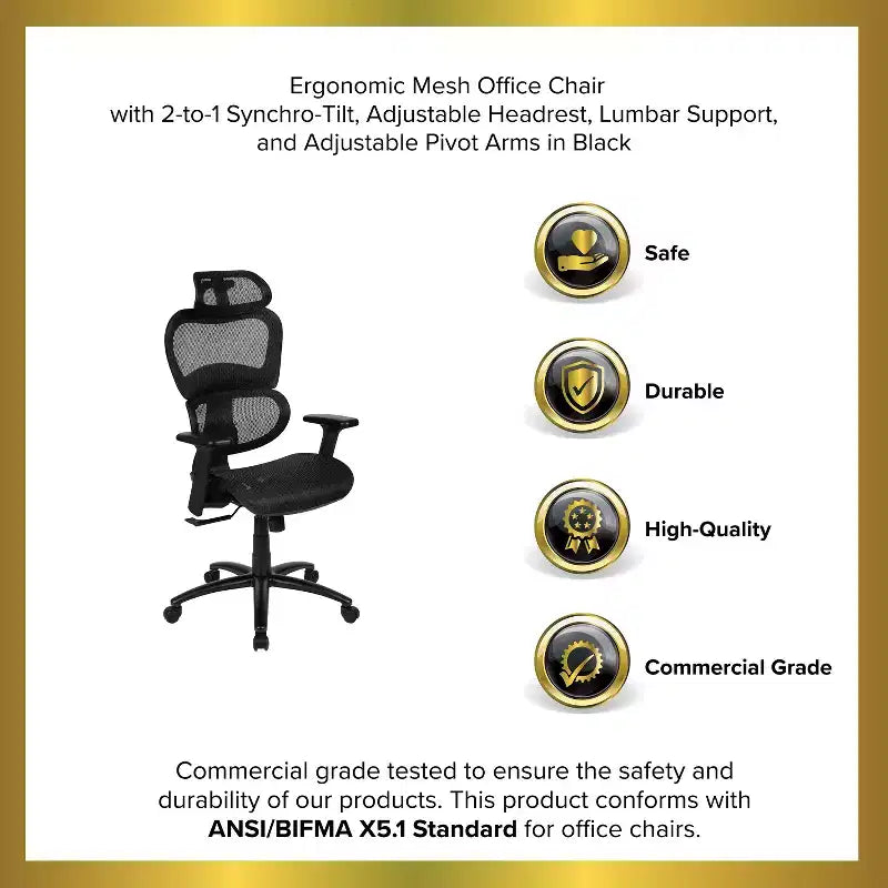 Emma and Oliver Ergonomic Mesh Office Chair-Synchro-Tilt, Headrest, Adjustable Pivot Arms