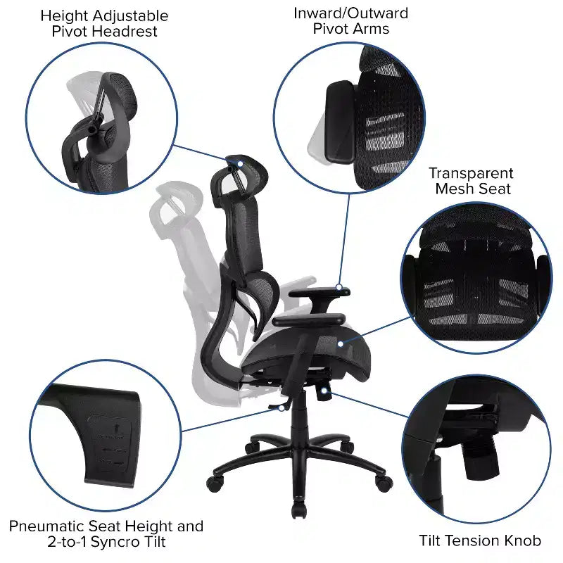 Emma and Oliver Ergonomic Mesh Office Chair-Synchro-Tilt, Headrest, Adjustable Pivot Arms