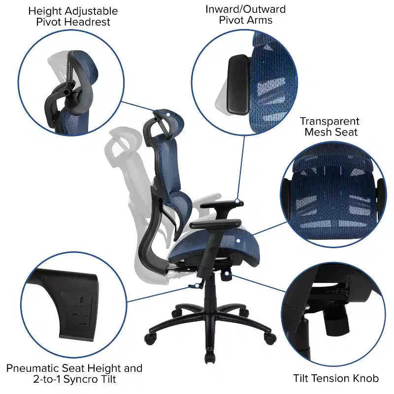 Emma and Oliver Ergonomic Mesh Office Chair-Synchro-Tilt, Headrest, Adjustable Pivot Arms